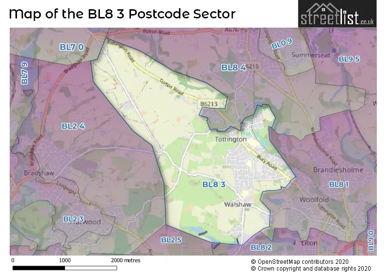 Map of the BL8 3 and surrounding postcode sector
