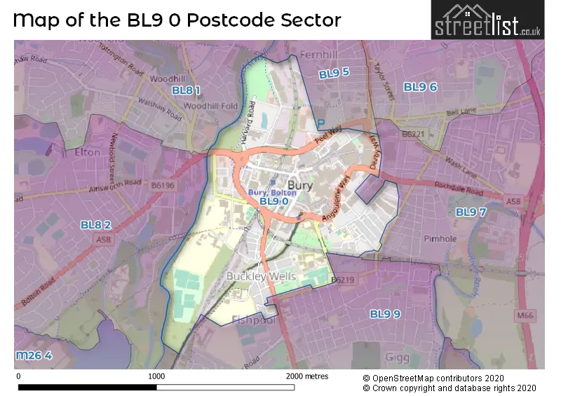 Map of the BL9 0 and surrounding postcode sector