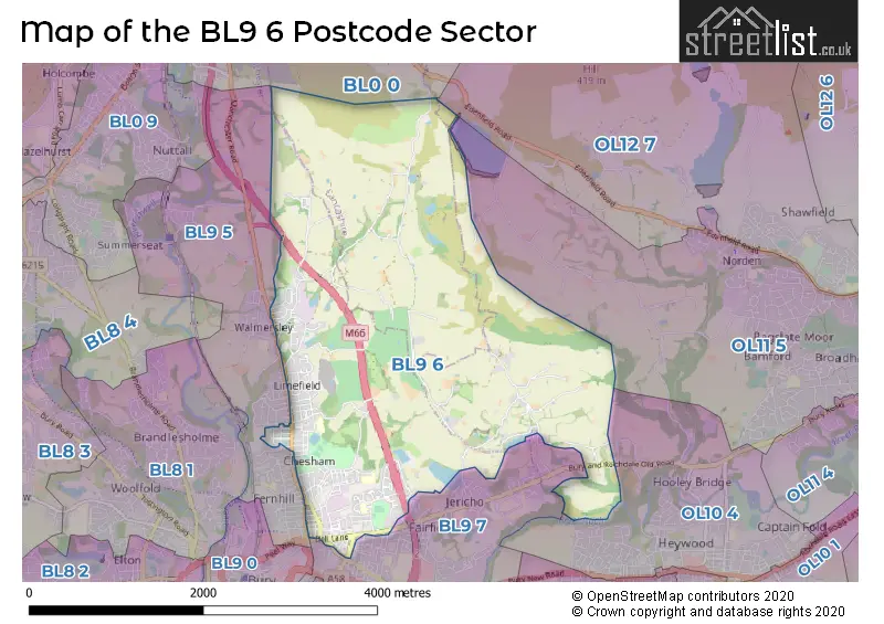Map of the BL9 6 and surrounding postcode sector