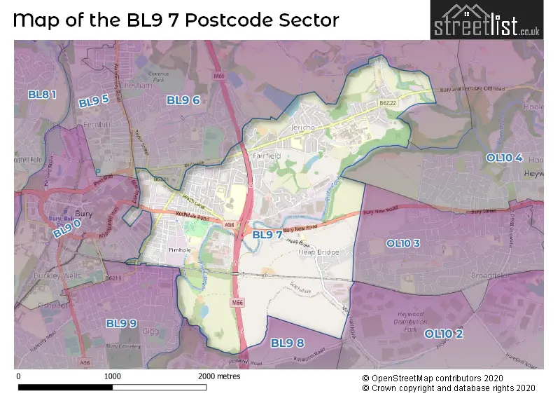 Map of the BL9 7 and surrounding postcode sector
