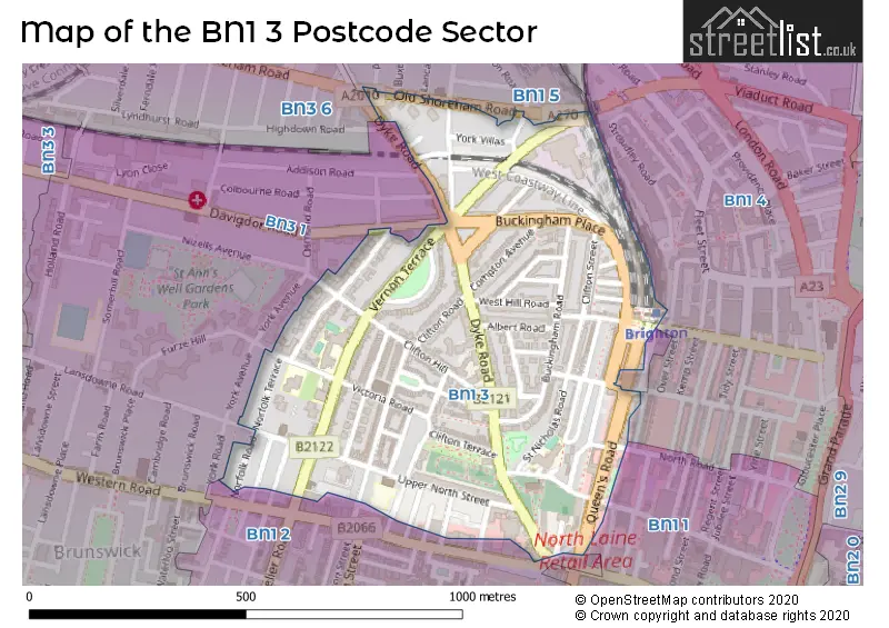 Map of the BN1 3 and surrounding postcode sector