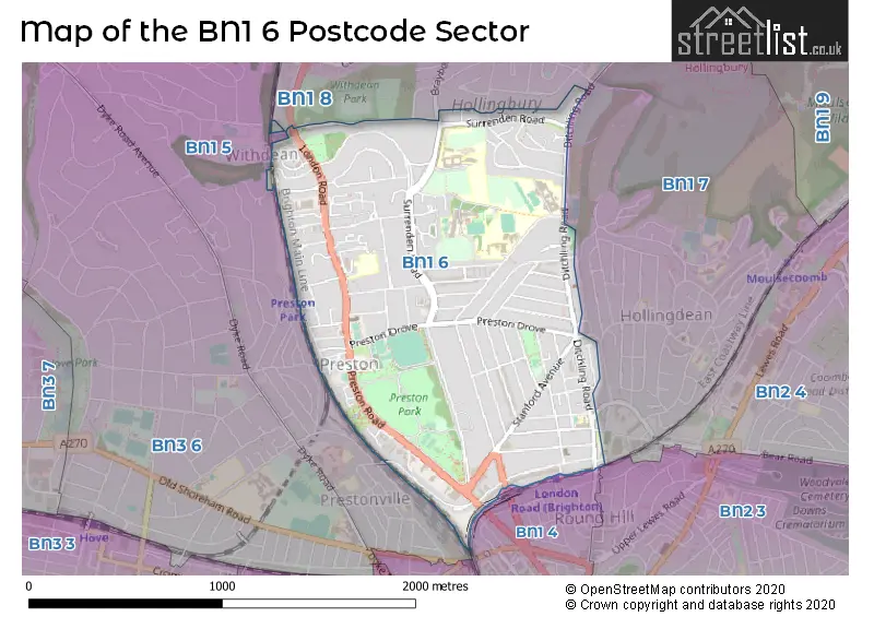 Map of the BN1 6 and surrounding postcode sector