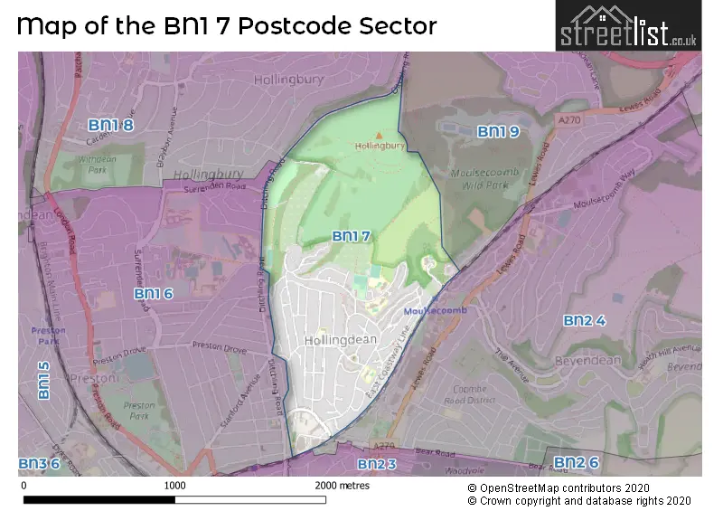 Map of the BN1 7 and surrounding postcode sector