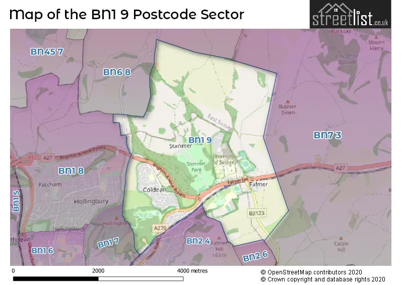 Map of the BN1 9 and surrounding postcode sector