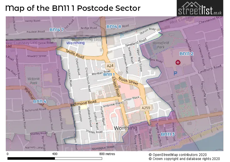 Map of the BN11 1 and surrounding postcode sector