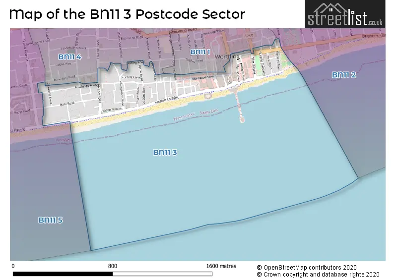 Map of the BN11 3 and surrounding postcode sector