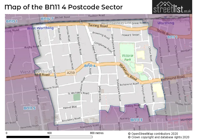 Map of the BN11 4 and surrounding postcode sector