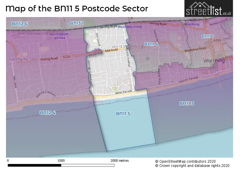 Map of the BN11 5 and surrounding postcode sector