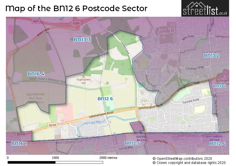 Map of the BN12 6 and surrounding postcode sector