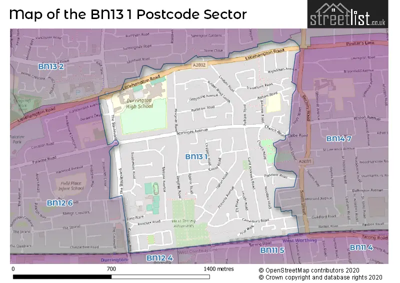 Map of the BN13 1 and surrounding postcode sector
