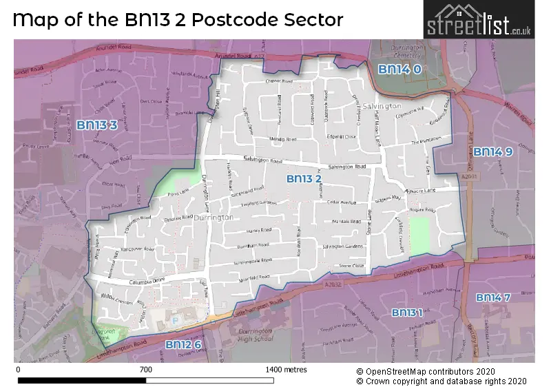 Map of the BN13 2 and surrounding postcode sector
