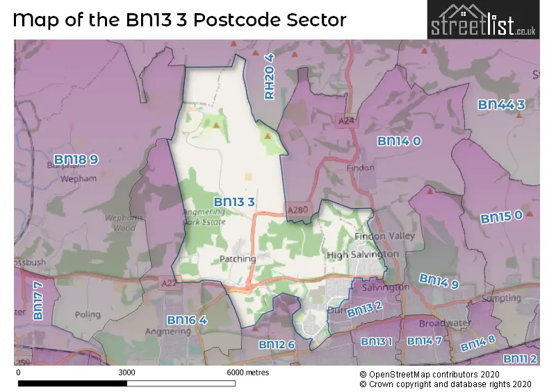 Map of the BN13 3 and surrounding postcode sector
