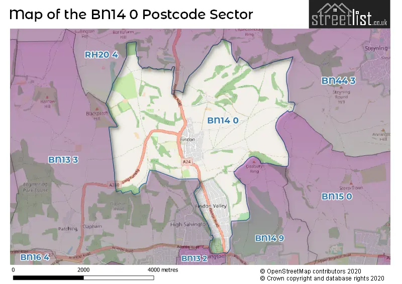 Map of the BN14 0 and surrounding postcode sector