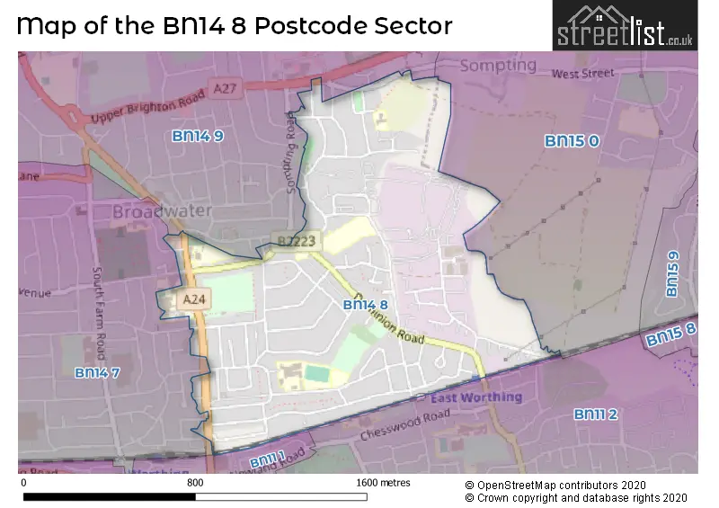 Map of the BN14 8 and surrounding postcode sector