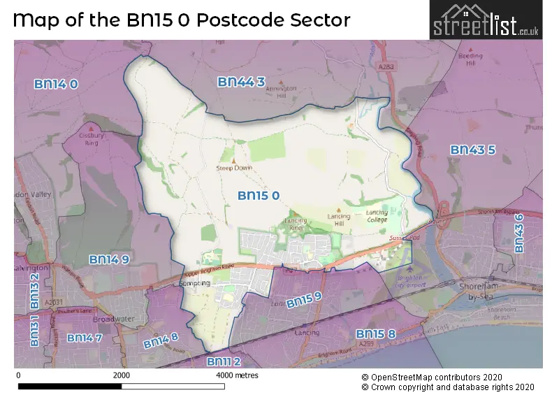 Map of the BN15 0 and surrounding postcode sector