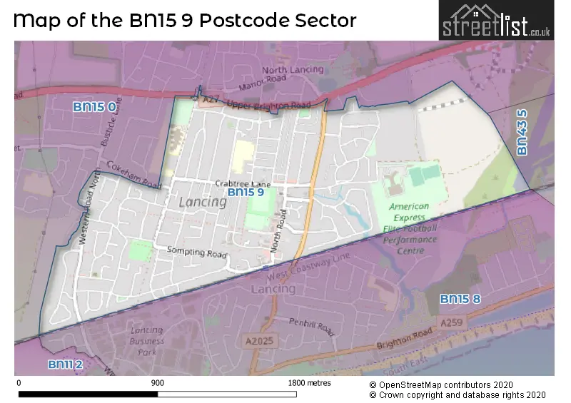 Map of the BN15 9 and surrounding postcode sector
