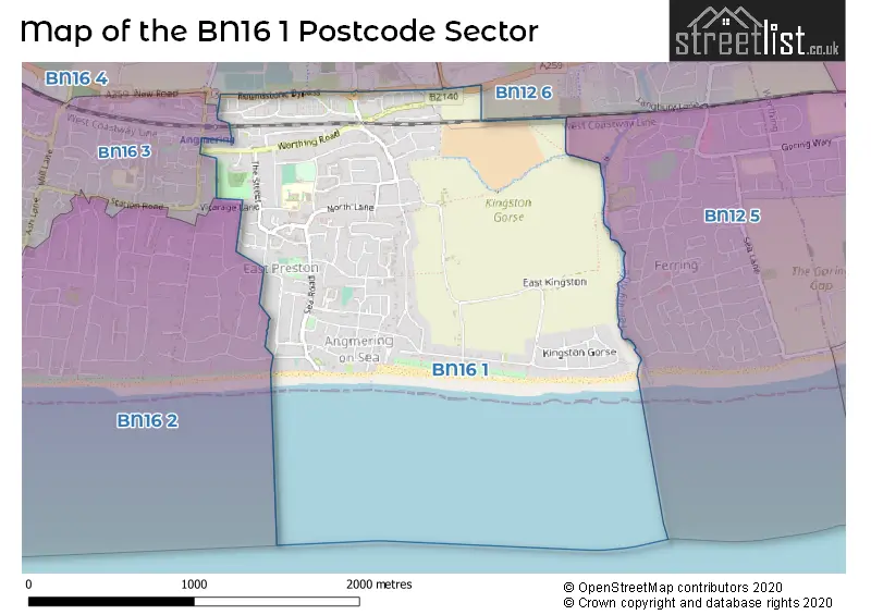 Map of the BN16 1 and surrounding postcode sector
