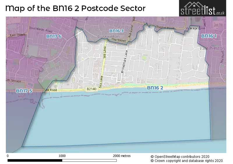 Map of the BN16 2 and surrounding postcode sector