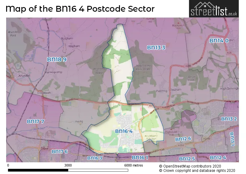 Map of the BN16 4 and surrounding postcode sector
