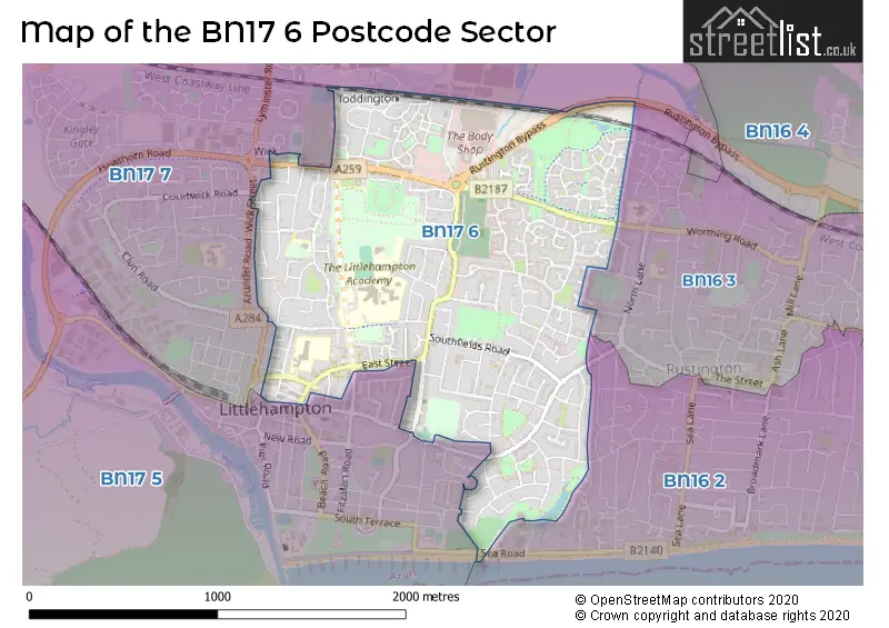 Map of the BN17 6 and surrounding postcode sector
