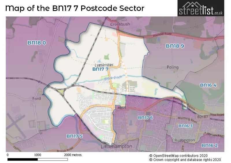 Map of the BN17 7 and surrounding postcode sector