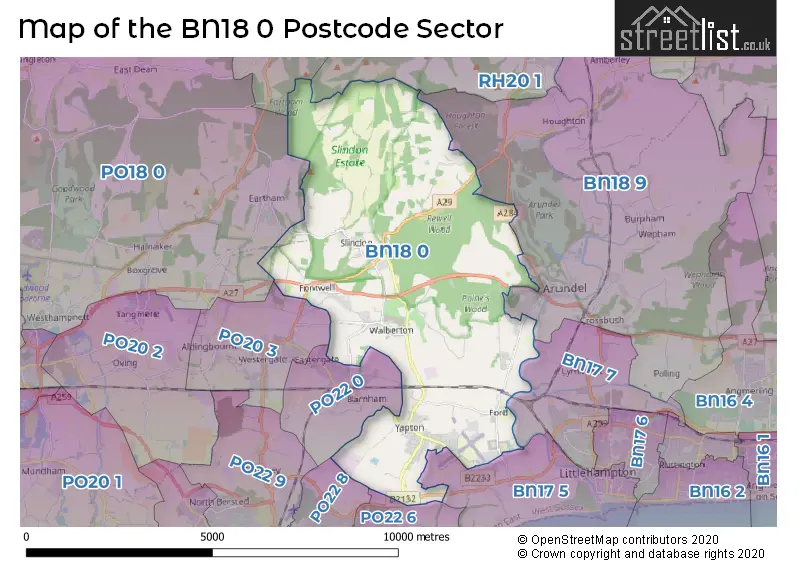 Map of the BN18 0 and surrounding postcode sector