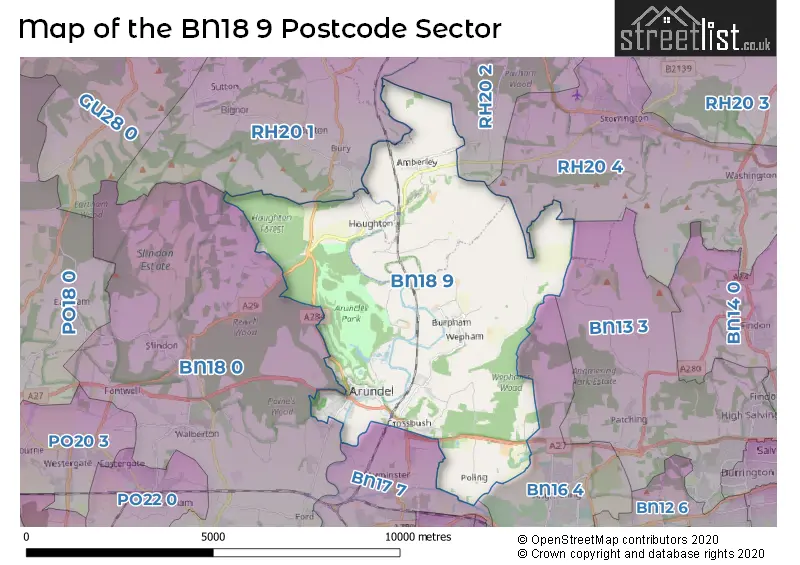 Map of the BN18 9 and surrounding postcode sector