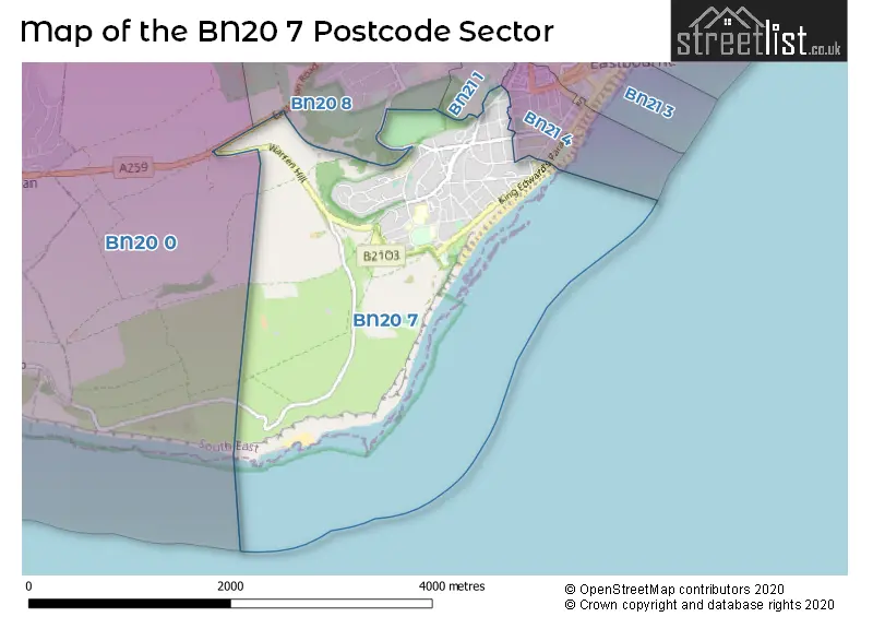 Map of the BN20 7 and surrounding postcode sector