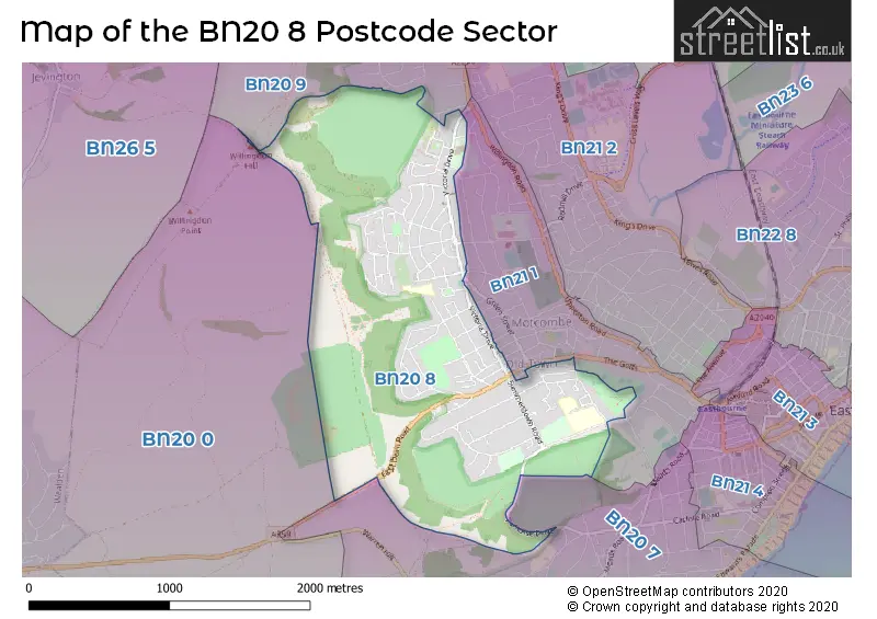 Map of the BN20 8 and surrounding postcode sector