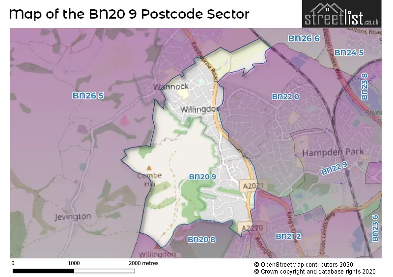 Map of the BN20 9 and surrounding postcode sector