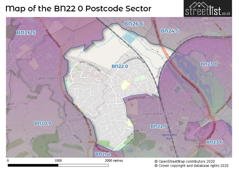Map of the BN22 0 and surrounding postcode sector