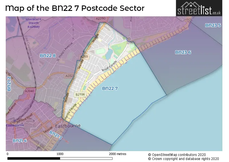 Map of the BN22 7 and surrounding postcode sector