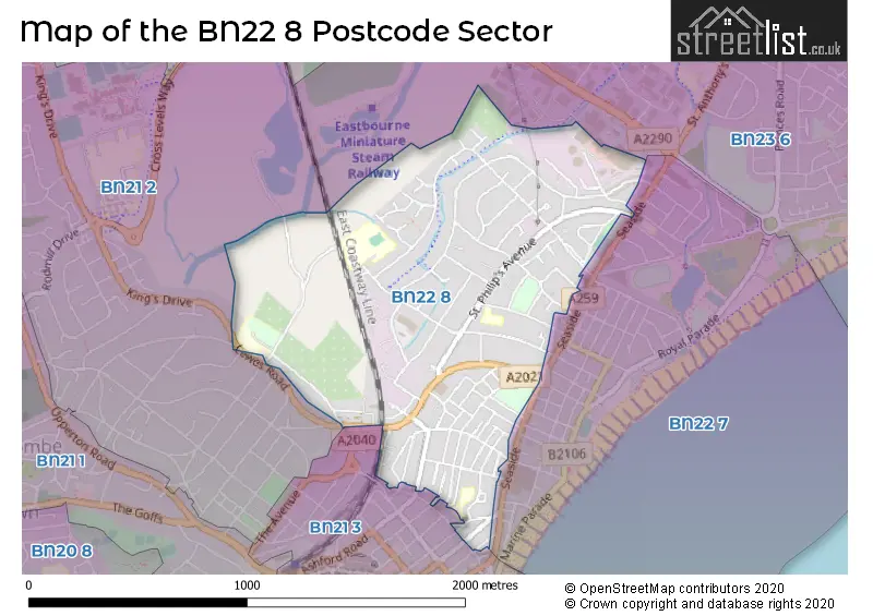 Map of the BN22 8 and surrounding postcode sector