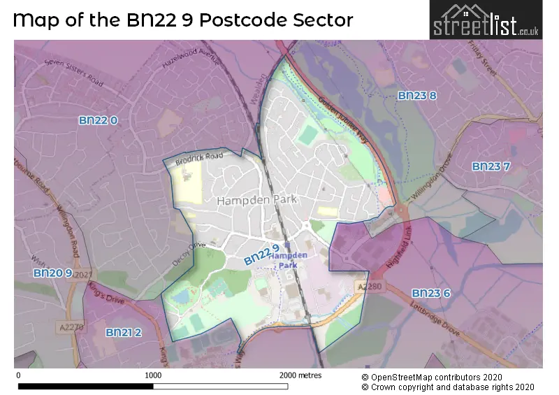 Map of the BN22 9 and surrounding postcode sector