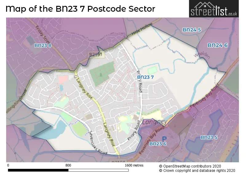 Map of the BN23 7 and surrounding postcode sector
