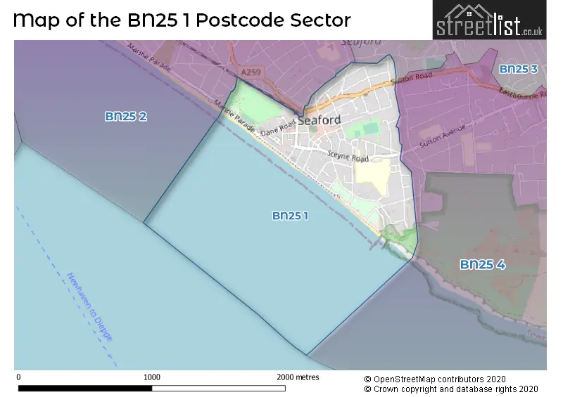 Map of the BN25 1 and surrounding postcode sector