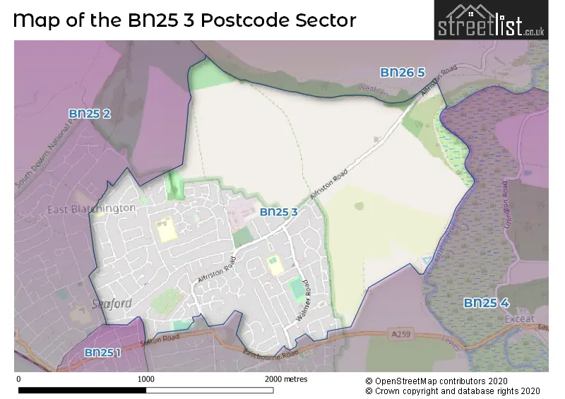Map of the BN25 3 and surrounding postcode sector