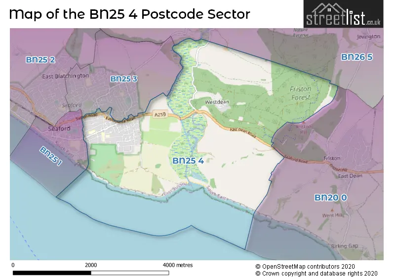 Map of the BN25 4 and surrounding postcode sector