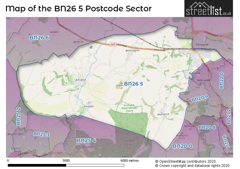 Map of the BN26 5 and surrounding postcode sector