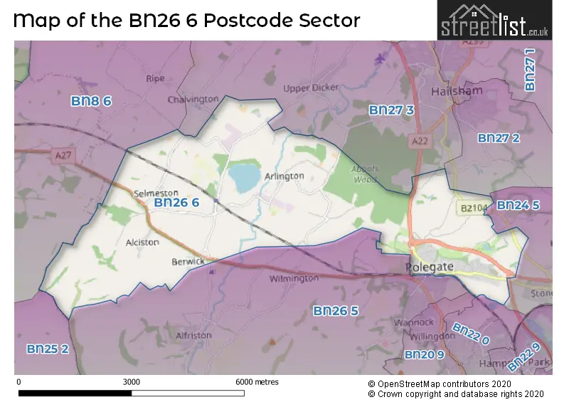 Map of the BN26 6 and surrounding postcode sector