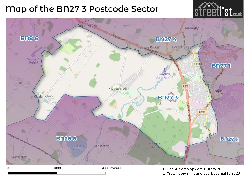 Map of the BN27 3 and surrounding postcode sector