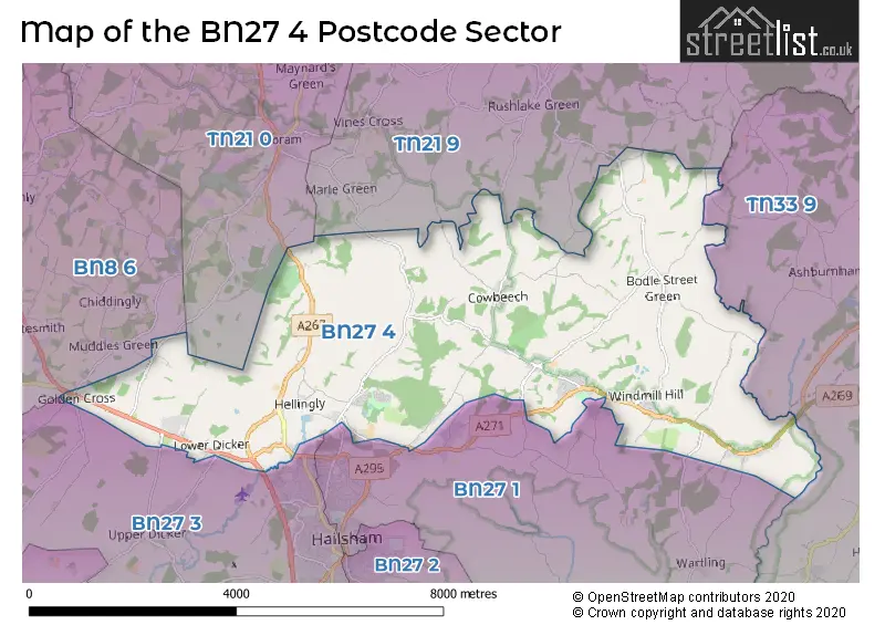 Map of the BN27 4 and surrounding postcode sector