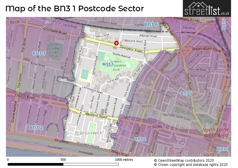 Map of the BN3 1 and surrounding postcode sector