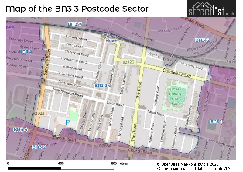 Map of the BN3 3 and surrounding postcode sector