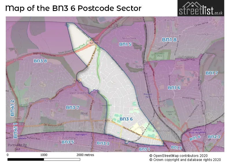 Map of the BN3 6 and surrounding postcode sector