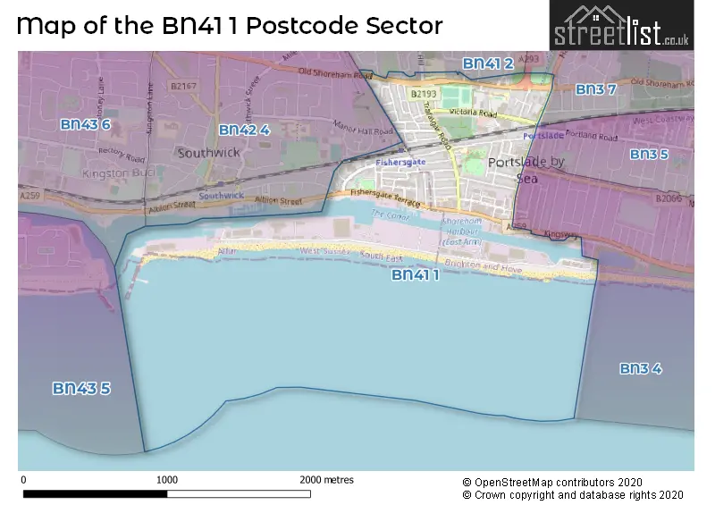 Map of the BN41 1 and surrounding postcode sector