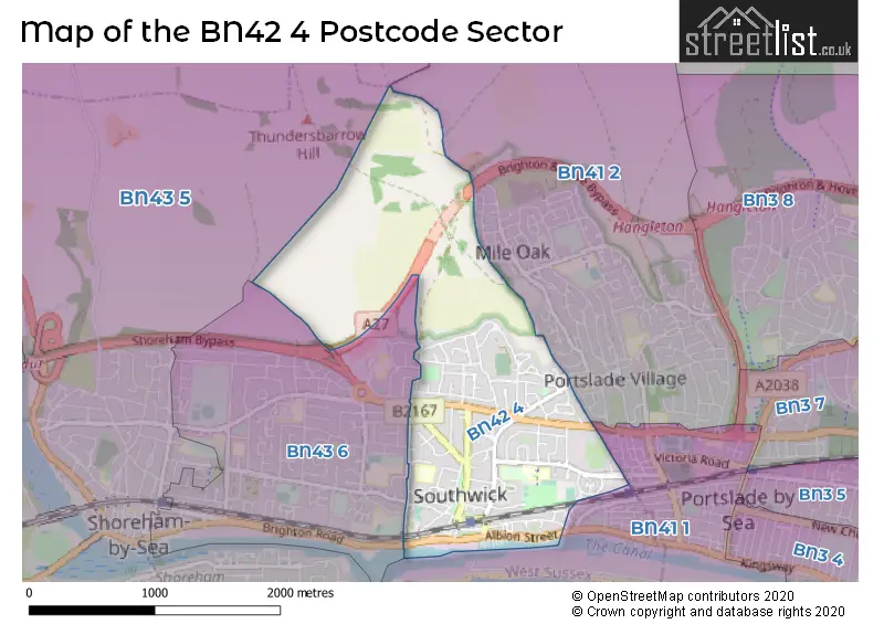 Map of the BN42 4 and surrounding postcode sector