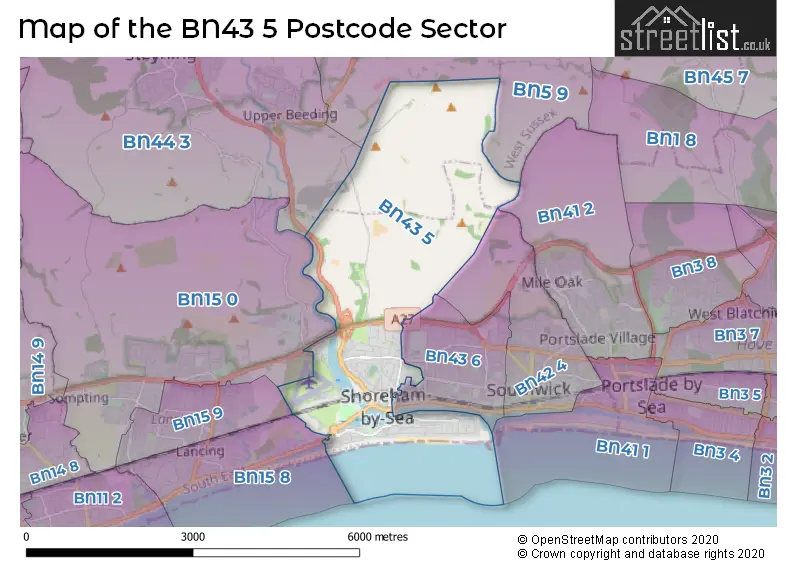Map of the BN43 5 and surrounding postcode sector