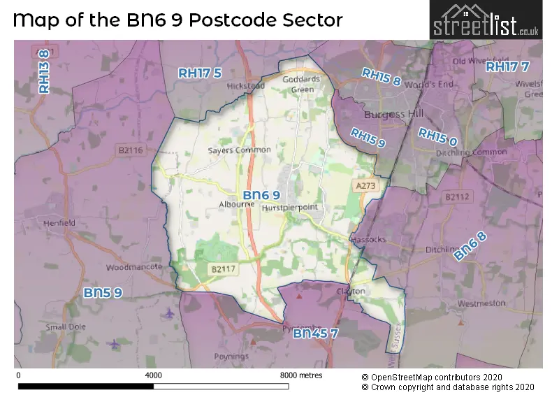 Map of the BN6 9 and surrounding postcode sector
