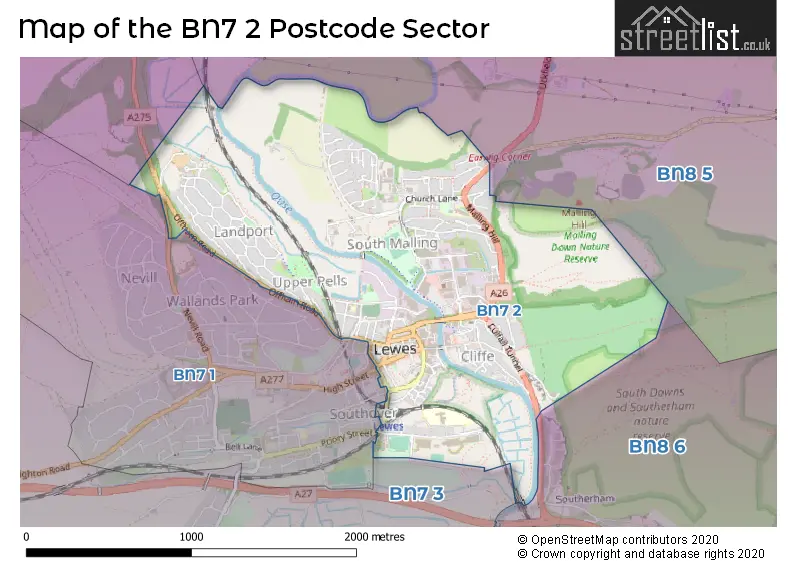Map of the BN7 2 and surrounding postcode sector